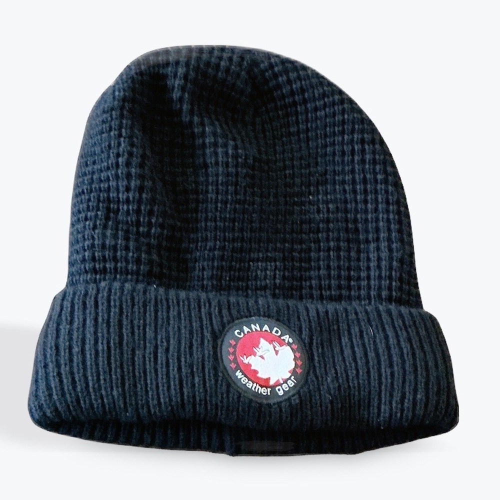 Canada Weather Gear Black Waffle Knit Fleece Lined Cuffed Beanie Hat CWH2P324